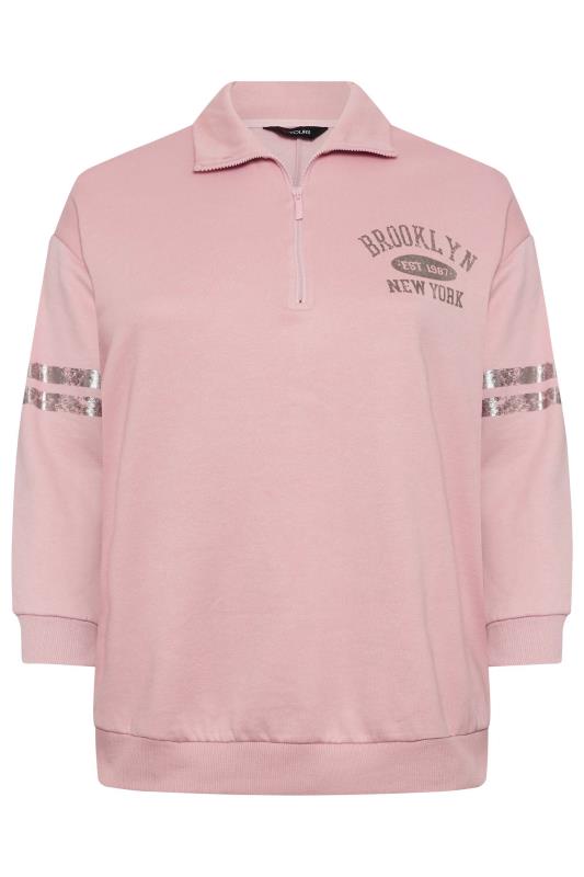 Plus Size Pink Metallic 'Brooklyn' Varsity Half Zip Sweatshirt | Yours Clothing 6