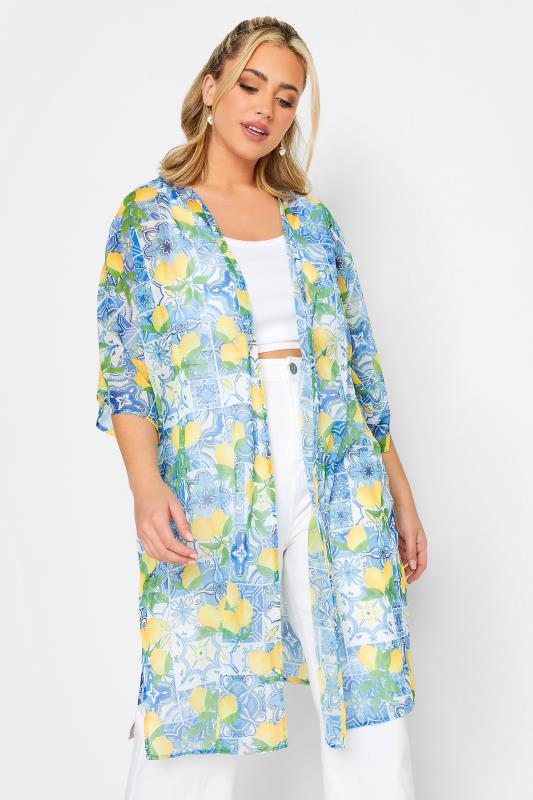 LIMITED COLLECTION Plus Size Blue Lemon Print Beach Kimono | Yours Clothing 4