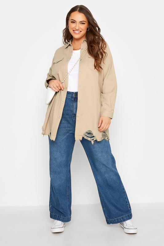 Plus Size Beige Brown Long Sleeve Distressed Denim Shirt | Yours Clothing  2