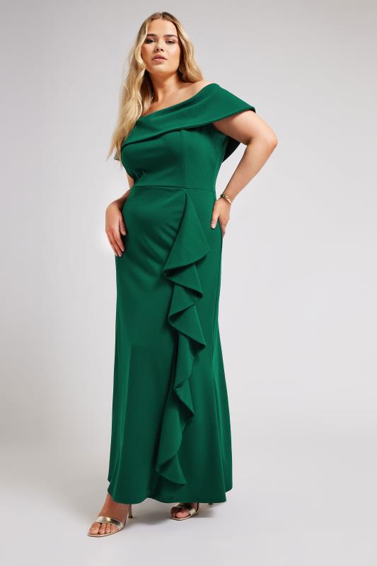 YOURS LONDON Plus Size Emerald Green Ruffle Bardot Maxi Dress | Yours Clothing 2