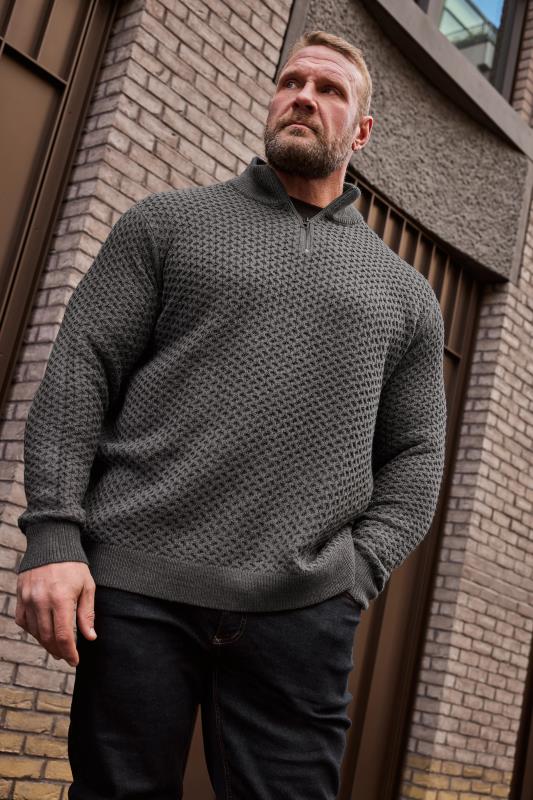 BadRhino Big & Tall Grey Quarter Zip Knitted Jumper | BadRhino 1