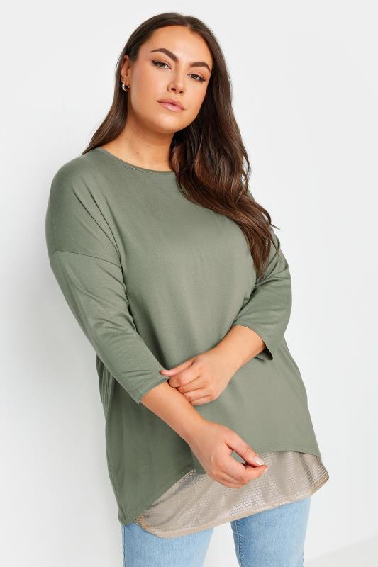YOURS Plus Size Khaki Green Mesh Hem Top | Yours Clothing 1
