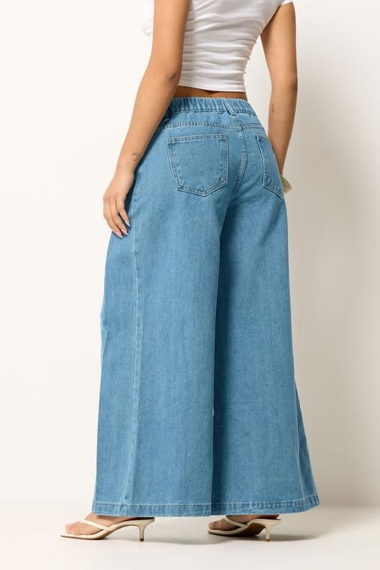 PixieGirl Petite Women's Mid Blue Pleated Palazzo Wide Leg Jeans | PixieGirl 2