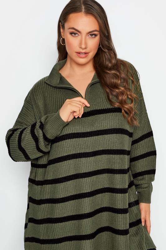 Curve Khaki Green Stripe Quarter Zip Knitted Jumper | Yours Clothing  4