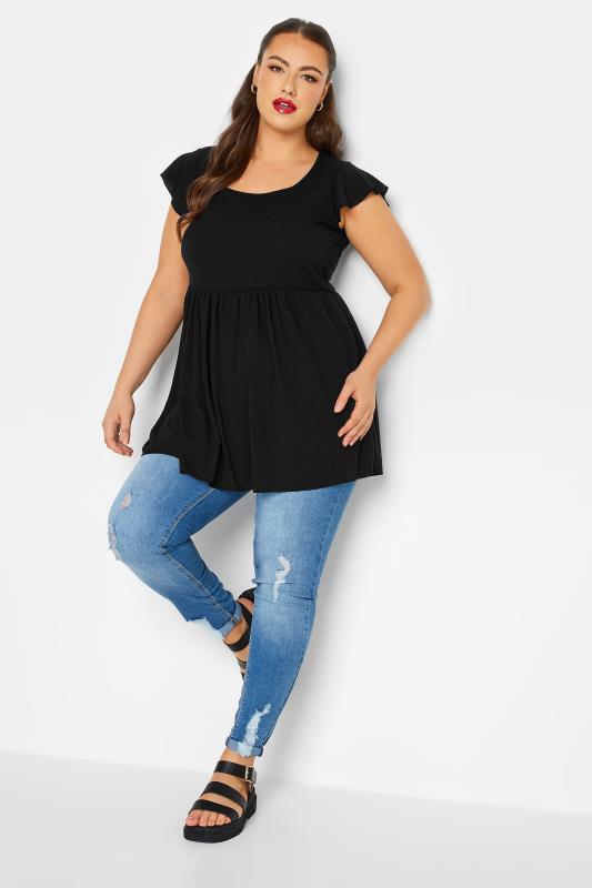 LIMITED COLLECTION Plus Size Black Ribbed Peplum Top | Yours Clothing  2