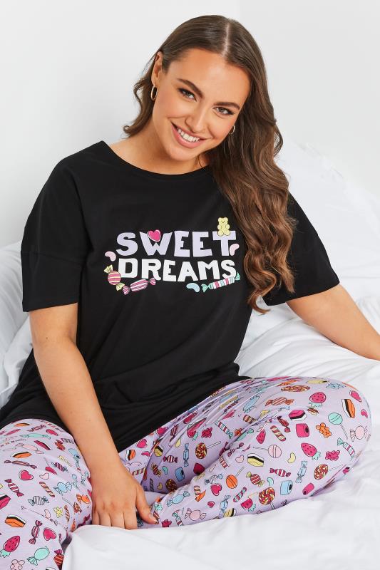 Plus Size Black & Purple 'Sweet Dreams' Cuffed Cotton Pyjama Set | Yours Clothing 3