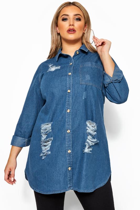 Mid Blue Distressed Denim Shirt | Yours Clothing