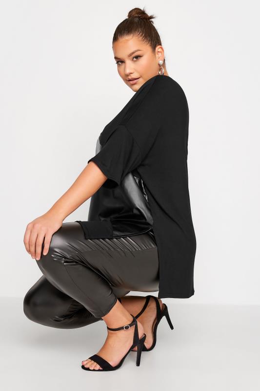 Plus Size Black Leather Look Colour Block Oversized T-Shirt | Yours Clothing 4