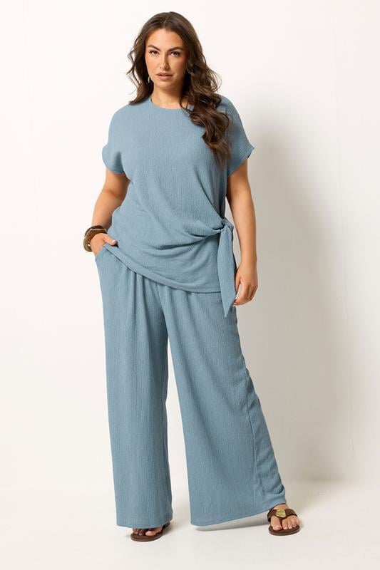 YOURS Plus Size Blue Wide Leg Textured Trousers | Yours Clothing 1