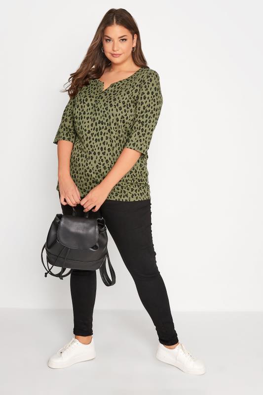 Plus Size Green Animal Print Pintuck Henley T-Shirt | Yours Clothing 2