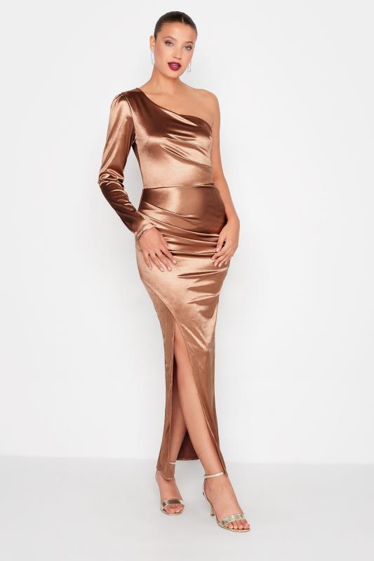Tall  LTS Tall Rose Gold One Shoulder Ruched Satin Maxi Dress