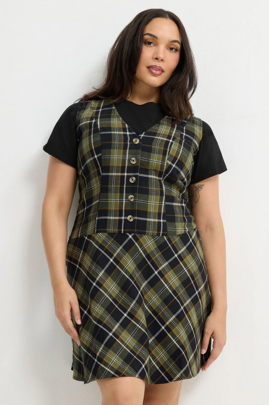 green pinafore dress womens LIMITED COLLECTION Plus Size Check knee length pinafore dress