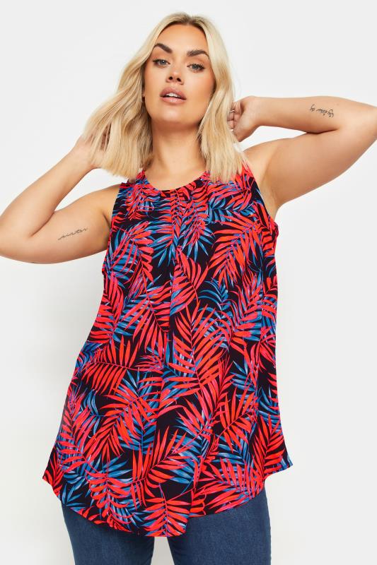 YOURS Plus Size Red Tropical Print Pleated Vest Top | Yours Clothing 1