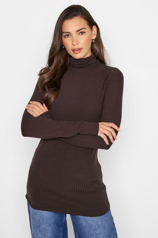 LTS Tall Brown Ribbed Roll Neck Top 1