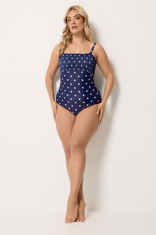 YOURS Plus Size Navy Blue Polka Dot Shirred Swimsuit | Yours Clothing 4
