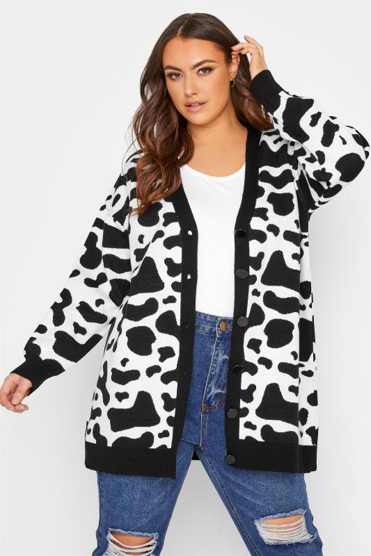Plus Size Curve Black Cow Print Knitted Cardigan | Yours Clothing 1