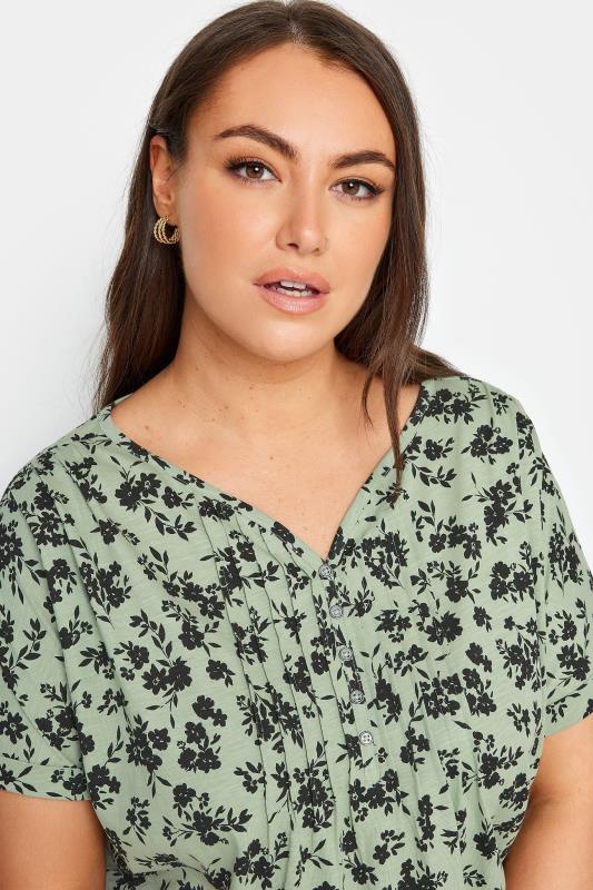 YOURS Plus Size Green Floral Print Pintuck Henley T-Shirt | Yours Clothing 4