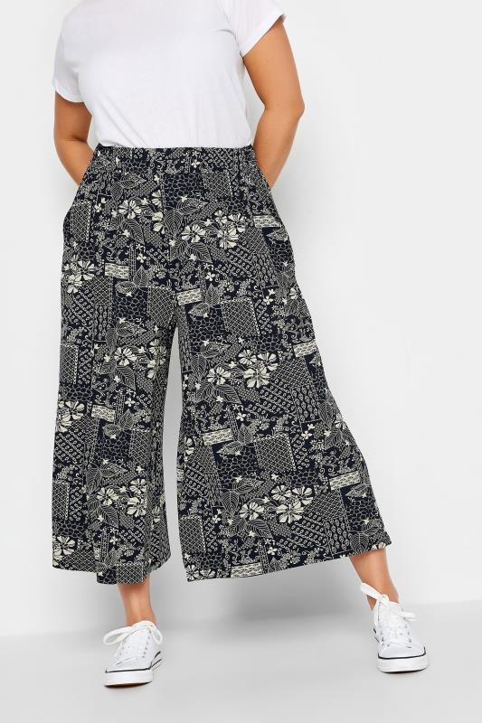  Grande Taille YOURS Curve Navy Blue Leaf Print Midaxi Culottes
