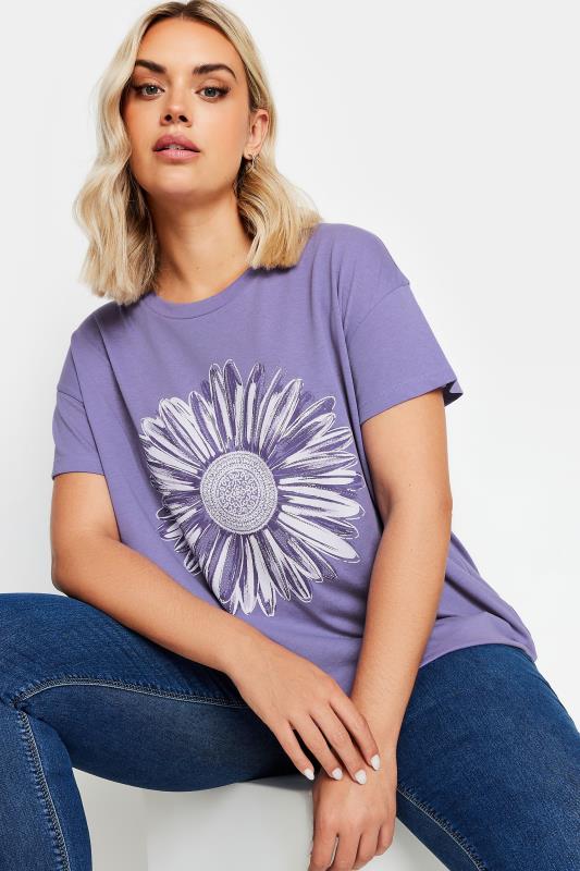 YOURS Plus Size Purple Stud Floral Print T-Shirt | Yours Clothing 1