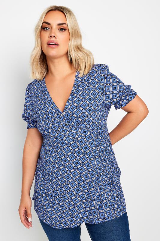 YOURS Plus Size Blue Wrap Frill Sleeve Blouse | Yours Clothing 1