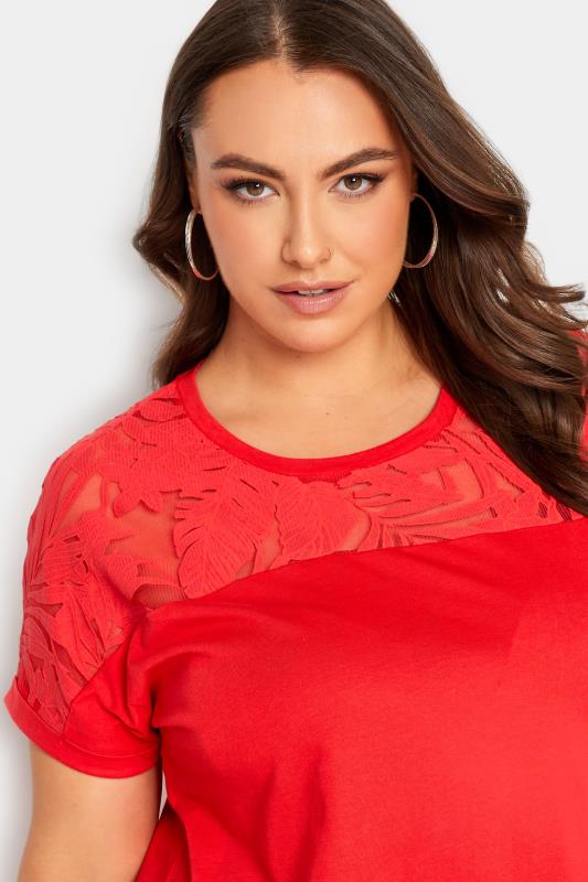YOURS Plus Size Red Floral Mesh Panel T-Shirt | Yours Clothing 4