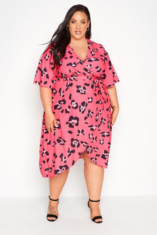 YOURS LONDON Plus Size Bright Pink Leopard Print Midi Wrap Dress | Yours Clothing 2