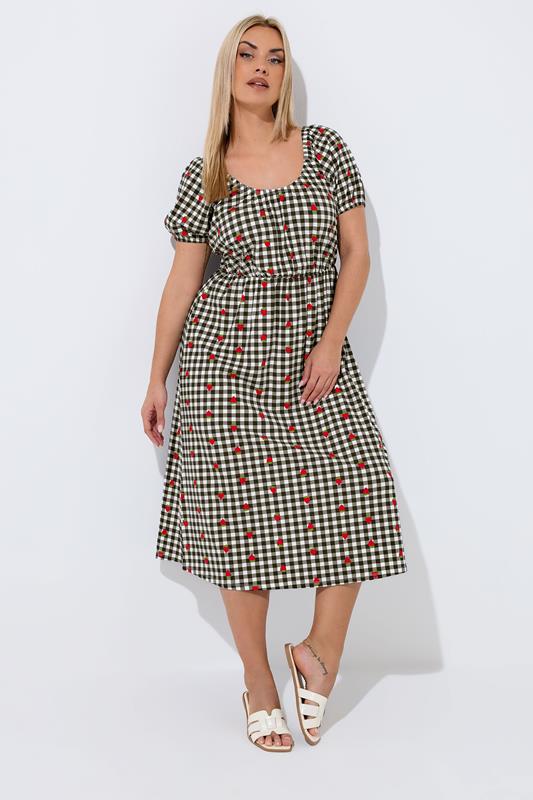 LIMITED COLLECTION Plus Size Black Strawberry Gingham Bardot Dress | Yours Clothing 1