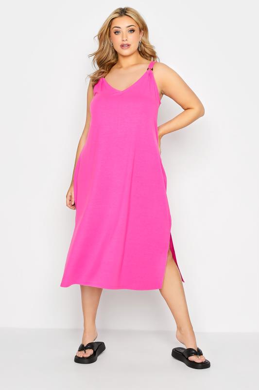  Grande Taille Curve Bright Pink Side Split Midi Beach Dress