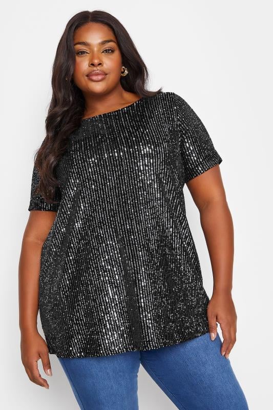 YOURS Plus Size Black & Silver Velvet Sequin Top | Yours Clothing 1