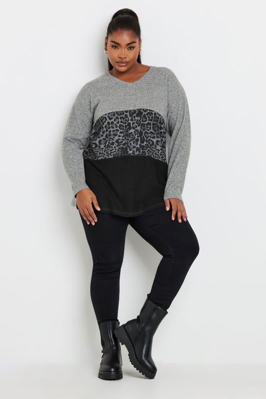 YOURS Plus Size Grey Leopard Print Colourblock Jumper | Yours Clothing  3