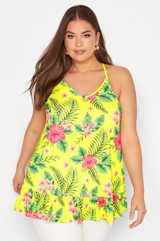Plus Size  YOURS Curve Bright Yellow Tropical Print Frill Hem Cami Top