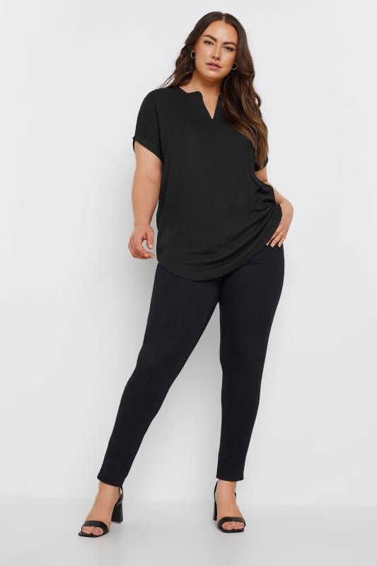 YOURS Plus Size Black Textured Notch Neck Top | Yours Clothing 2