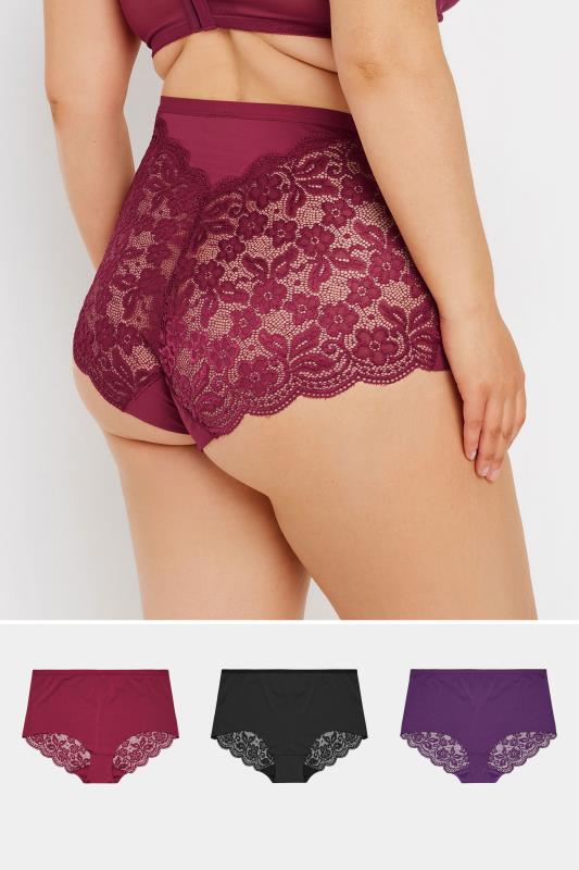  Tallas Grandes YOURS 3 PACK Curve Red & Purple Lace Back High Waisted Knickers