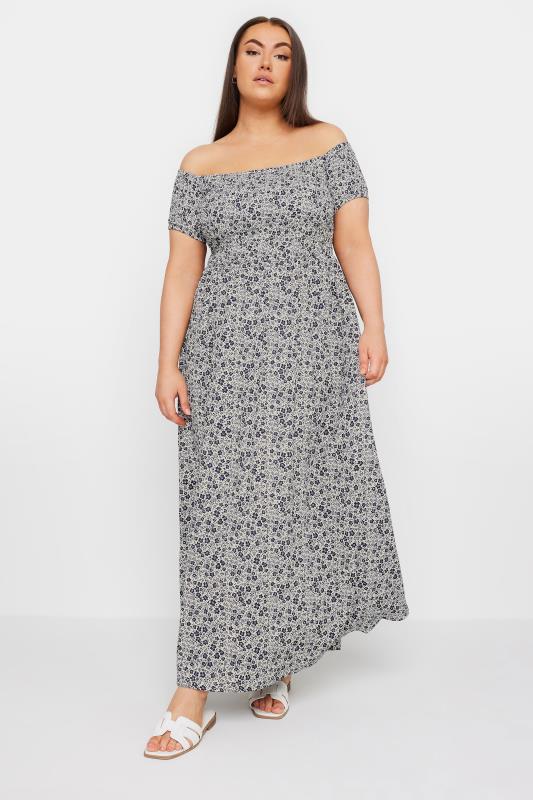 YOURS Plus Size Grey Floral Print Bardot Midaxi Dress | Yours Clothing 1