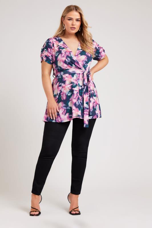 YOURS LONDON Plus Size Pink Tropical Print Wrap Top | Yours Clothing 2