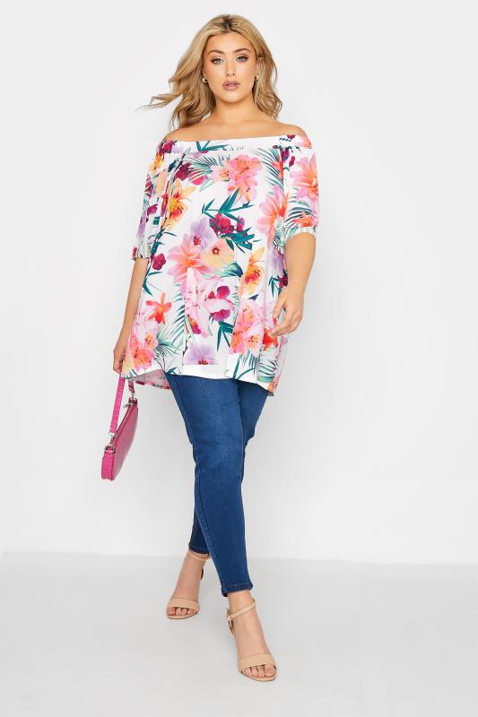 YOURS LONDON Plus Size White Tropical Print Bardot Top | Yours Clothing 2