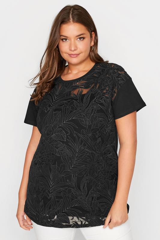 Plus Size Black Tropical Print Mesh T-Shirt | Yours Clothing 3