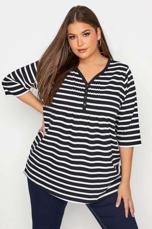Plus Size  YOURS FOR GOOD Black Striped Pintuck Henley Top