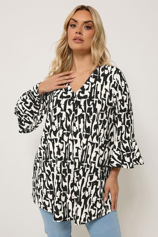 YOURS Plus Size Black Abstract V-Neck Top | Yours Clothing 1