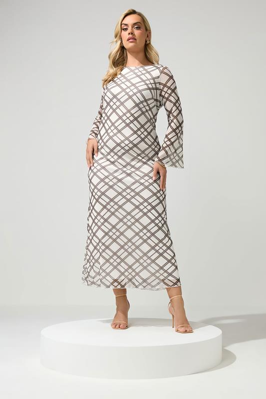 YOURS LONDON Plus Size Ivory White & Brown Checked Mesh Dress | Yours Clothing 1