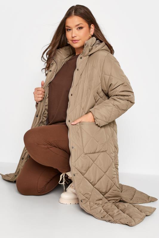Plus Size  YOURS Curve Mocha Brown Lightweight Quilted Maxi Coat