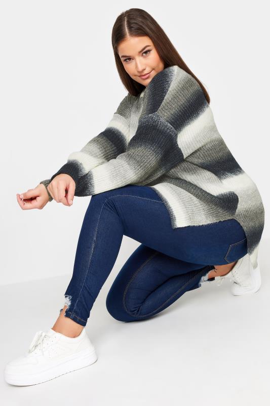 YOURS Plus Size Black & White Ombre Stripe Print Knitted Jumper | Yours Clothing 2