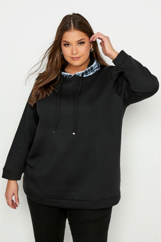 Plus Size Black Check Detail Hoodie | Yours Clothing 1