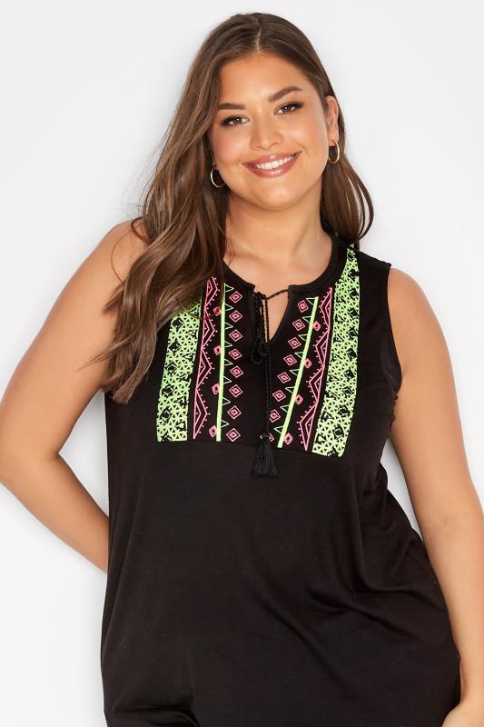 Plus Size Black Aztec Embroidered Tie Neck Top | Yours Clothing  4