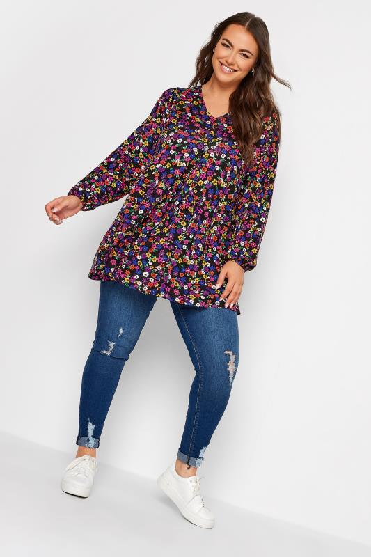 Plus Size Black Long Sleeve Ditsy Floral Print Swing Top | Yours Clothing 2