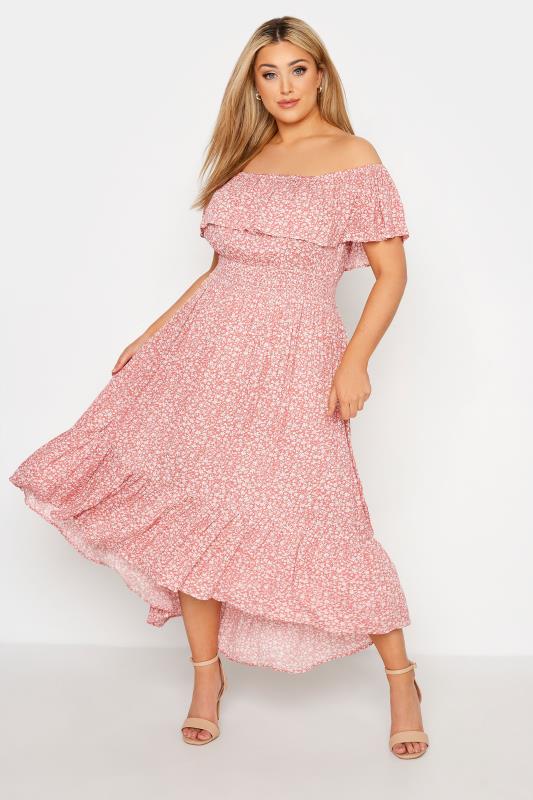 Plus Size  YOURS LONDON Curve Pink Ditsy Floral Print Bardot Dress