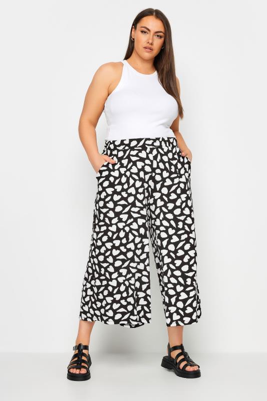 YOURS Plus Size Black & White Heart Print Culottes | Yours Clothing 2