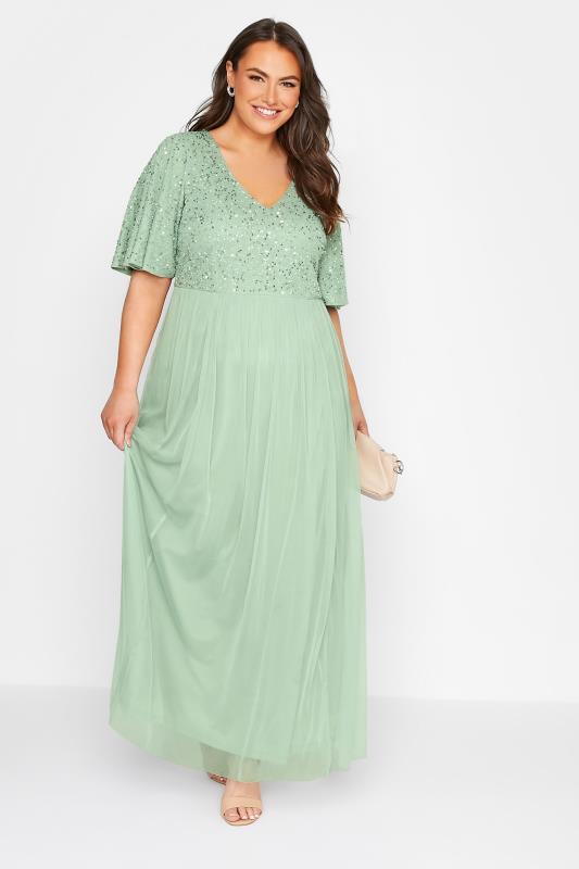 LUXE Curve Sage Green Sequin Hand Embellished Maxi Dress 1