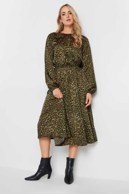 LTS Tall Khaki Green Leopard Print Satin Midi Dress | Long Tall Sally 2