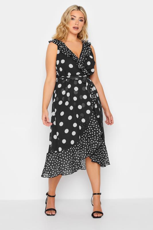 YOURS LONDON Curve Plus Size Black Polka Dot Print Double Ruffle Wrap Dress | Yours Clothing  2